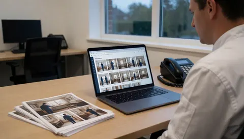 Un photographe d'événements examine son album digital sur un laptop et des tirages papier dans un bureau éclairé par la lumière naturelle d'une fenêtre.