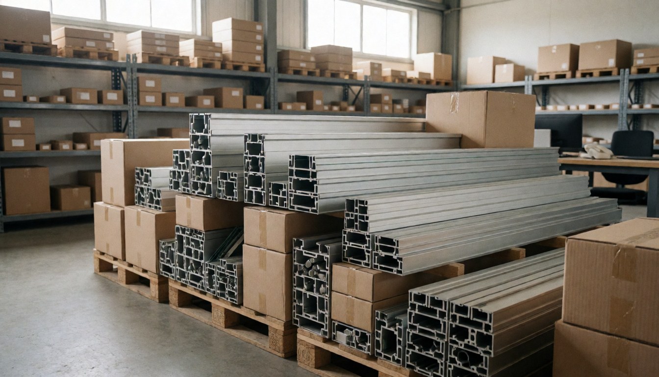 Profilés en aluminium empilés avec des cartons sur palettes dans un entrepôt industriel avec des étagères, servant de fond pour des textes sur l'installation de fenêtres.