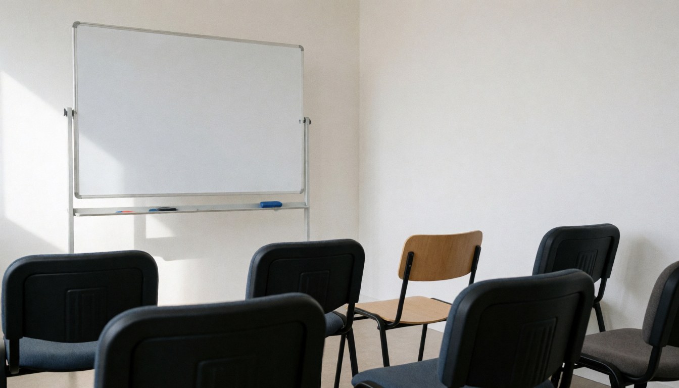 Salle d'écriture équipée de chaises et d'un tableau blanc, idéale pour illustrer un site web d'école d'écriture.