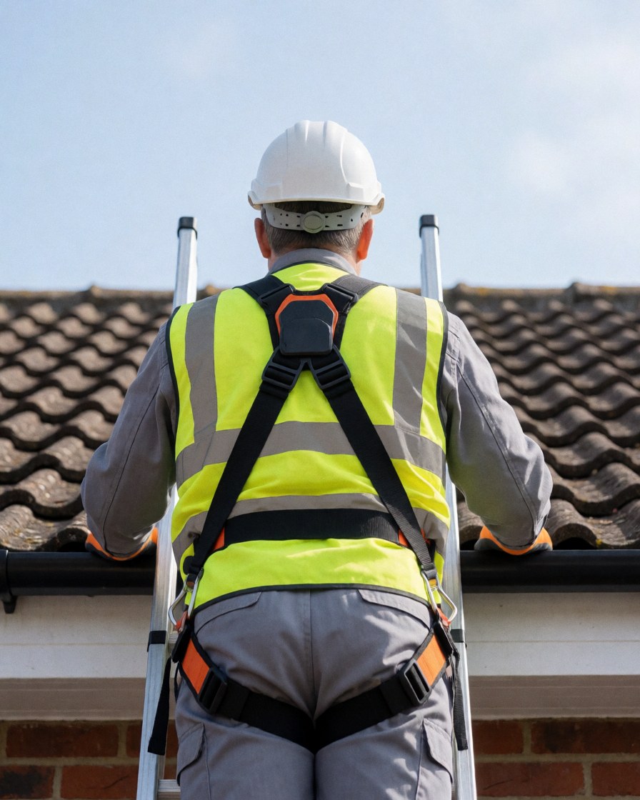 Technicien en antennes portant un casque blanc et un harnais de sécurité sur un toit en tuiles, travaillant sur une maison résidentielle sous un ciel clair.