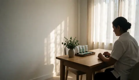 Une femme dans une salle de traitement avec des tubes de crème et des plantes, lumière naturelle par les rideaux, ambiance sereine et professionnelle pour les soins holistiques.
