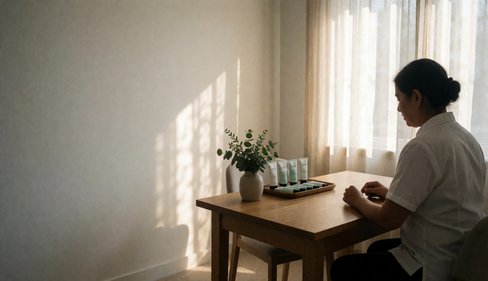 Une femme dans une salle de traitement avec des tubes de crème et des plantes, lumière naturelle par les rideaux, ambiance sereine et professionnelle pour les soins holistiques.