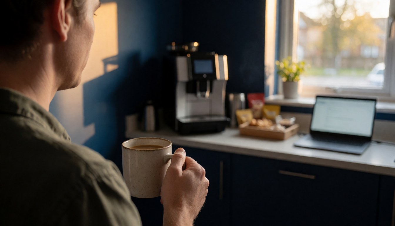 Étudiant tenant un café, regardant un ordinateur portable dans une cafétéria aux murs bleus avec une lumière de coucher de soleil.