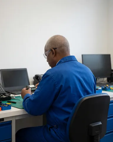 Technicien portant des lunettes de sécurité répare un composant électronique sur une table de travail avec outils et ordinateur portable dans un atelier.