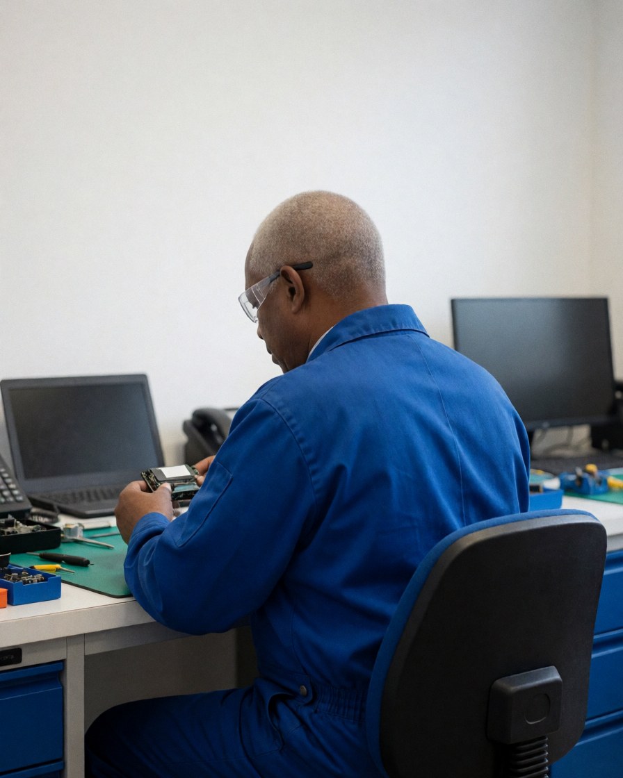 Technicien portant des lunettes de sécurité répare un composant électronique sur une table de travail avec outils et ordinateur portable dans un atelier.