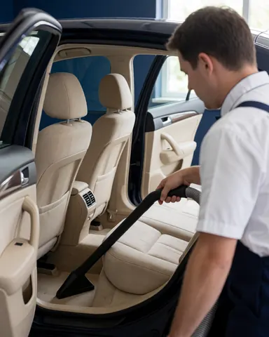 Un employé en uniforme aspire le sol beige d'une voiture avec un tuyau noir devant un mur bleu foncé lors d'un service de lavage.