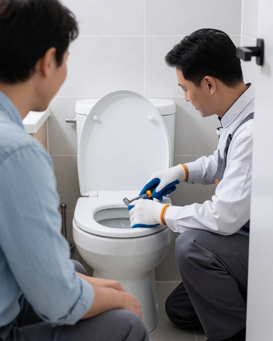 Installateur de salle de bain présentant un travail terminé à un client satisfait dans une salle de bain propre avec des toilettes blanches et des outils.