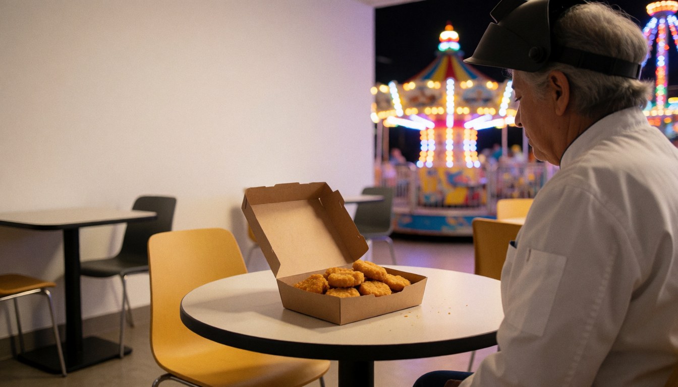 Un adulte portant une casquette de soudeur regarde une boîte de nuggets posée sur une table ronde, avec des lumières d'attractions en arrière-plan dans un centre de loisirs.
