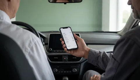 Un chauffeur de VTC présente une facture numérique sur son smartphone à un client depuis l'intérieur propre et moderne de sa voiture.