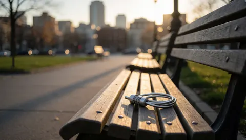 Un câble de sécurité pour vélo est posé enroulé sur un banc dans un parc urbain au coucher du soleil, illustrant la protection des biens.
