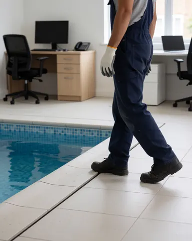 Une personne marche sur le bord carrelé d'une piscine, dans un environnement de bureau avec des bureaux et des ordinateurs.