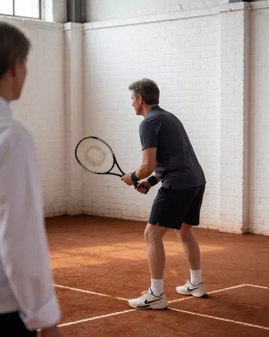 Instructeur de tennis sur court en terre battue avec murs en briques blanches et chaussures de sport, prêt à servir.