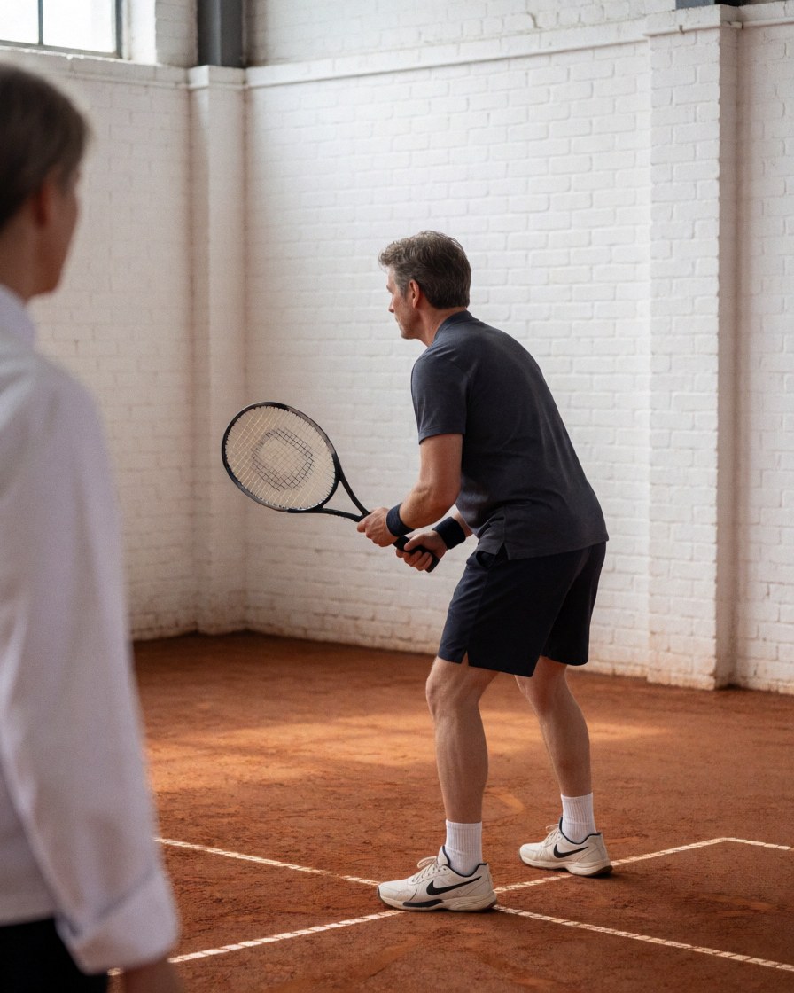 Instructeur de tennis sur court en terre battue avec murs en briques blanches et chaussures de sport, prêt à servir.