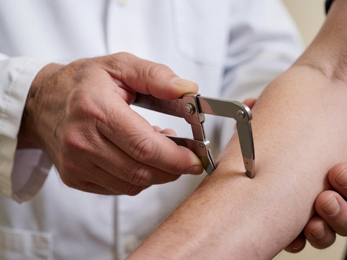 Main d'un entraîneur personnel utilisant un compas pour mesurer la graisse corporelle sur le bras, sur un fond blanc et beige, mettant en évidence la peau et l'outil de mesure.