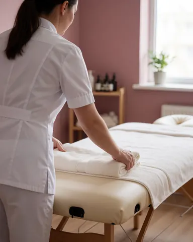 Une thérapeute prépare la table de massage en posant des serviettes blanches dans un espace lumineux aux murs roses, créant une ambiance spa relaxante.