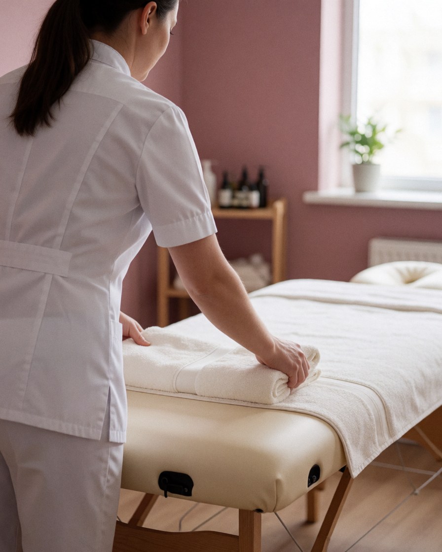 Une thérapeute prépare la table de massage en posant des serviettes blanches dans un espace lumineux aux murs roses, créant une ambiance spa relaxante.