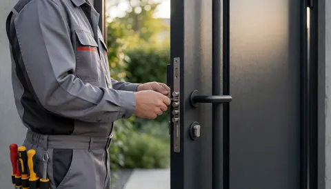 Un serrurier professionnel installe une serrure multipoints sur une porte métallique noire, équipé de son ceinturon d'outils, devant un fond de végétation.