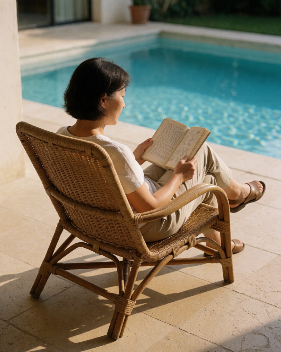 Une femme lit un livre dans un fauteuil en rotin près d'une piscine bleue, sur une terrasse ensoleillée, idéale pour une maison de vacances.