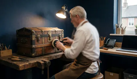 Menuisier travaillant sur un ancien tronc avec des bandes de bronze dans un atelier aux murs bleus et à la lumière chaude.