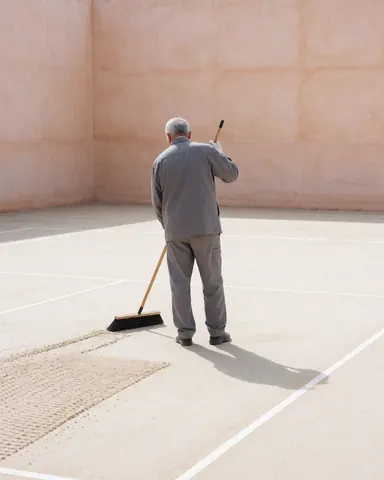 Un professionnel tient une pelle de nettoyage sur un court de tennis avec des murs en terre cuite et du sable au sol, illustrant le service d'installation.