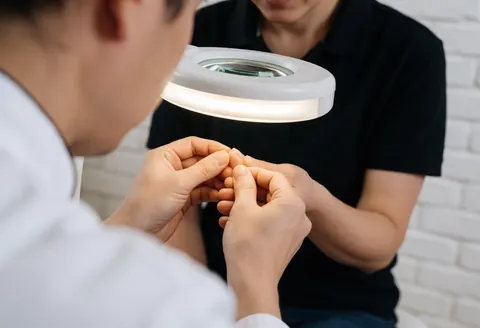 Un professionnel examine un ongle avec une loupe sous une lumière focalisée dans une clinique de podologie avec un mur en briques blanches