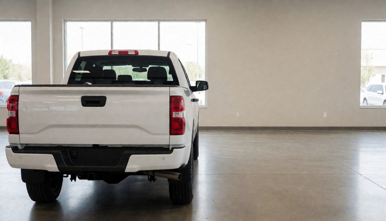 Une camionnette blanche exposée dans un showroom avec un sol en béton poli et des murs beige, idéale pour la vente de véhicules.
