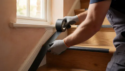Un ouvrier applique une bande noire antidérapante sur la marche en bois d'un escalier intérieur, près d'une fenêtre laissant entrer la lumière naturelle.