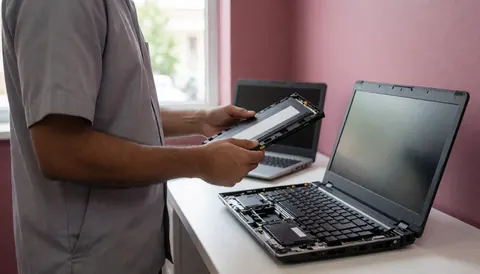 Technicien en train de réparer un ordinateur portable avec une nouvelle batterie sur fond rose, éclairage naturel, scène réaliste et professionnelle.
