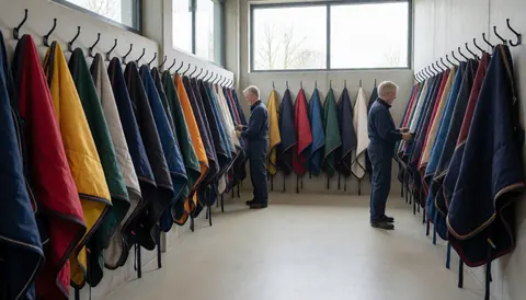 Deux hommes examinant des couvertures pour chevaux suspendues dans un atelier de équitation avec des murs en béton et de grandes fenêtres.