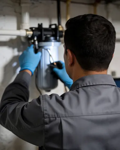 Un technicien en uniforme gris et gants bleus ajuste un filtre magnétique fixé sur un mur du sous-sol entouré de tuyauterie, illustrant une intervention de maintenance.