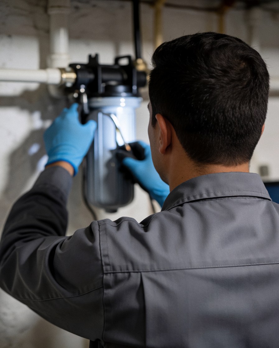 Un technicien en uniforme gris et gants bleus ajuste un filtre magnétique fixé sur un mur du sous-sol entouré de tuyauterie, illustrant une intervention de maintenance.