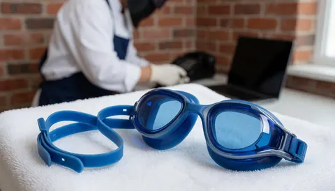 Des lunettes de natation bleues posées sur une serviette blanche avec une personne travaillant à l'arrière-plan près d'un mur en briques.