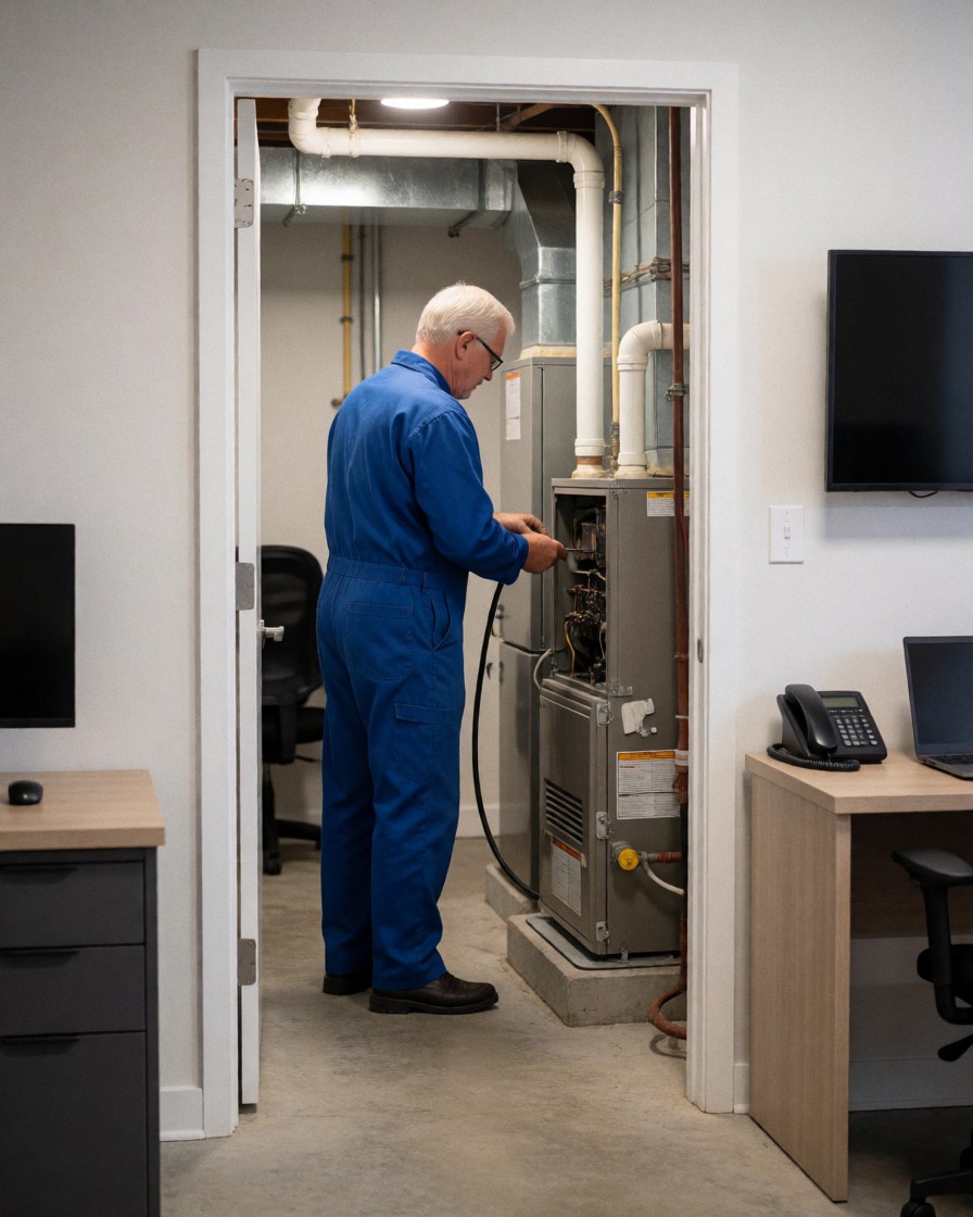 Un technicien en uniforme bleu examine un appareil de chauffage dans une usine avec des tuyaux et des outils visibles.