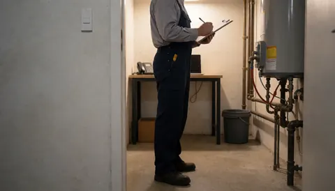Un plombier professionnel examine une chaudière dans une pièce technique avec des tuyaux apparents et des murs en béton.