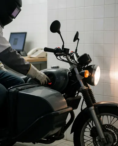 Un conducteur allume sa moto dans un atelier. Les phares sont allumés et une caisse latérale sécurisée est visible sur le côté, le tout sur un fond de murs blancs.
