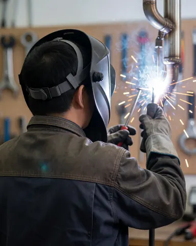 Mécanicien en casque de soudure répare un système d'échappement dans un atelier avec des étincelles et des outils au mur