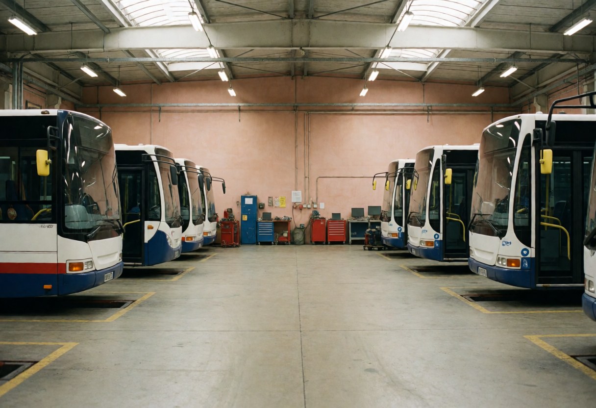 Dépôt de transport public avec des bus alignés, des murs en terre cuite et des outils visibles en arrière-plan.