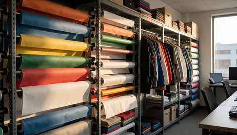 Entrepôt de textile avec des racks contenant des rouleaux de tissus colorés, des vêtements suspendus et une lumière naturelle entrant par une fenêtre.