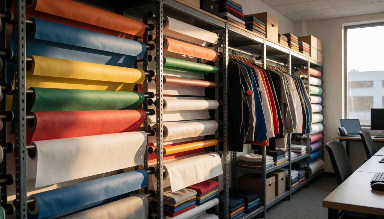 Entrepôt de textile avec des racks contenant des rouleaux de tissus colorés, des vêtements suspendus et une lumière naturelle entrant par une fenêtre.