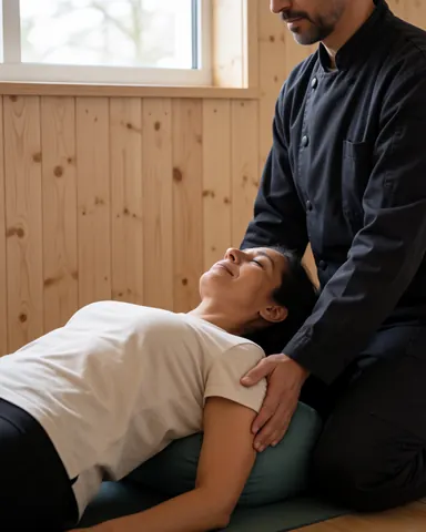 Un thérapeute réalise un massage ayurvédique à un client en position de pont sur un coussin vert, dans un intérieur en bois avec lumière naturelle.
