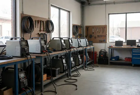 Atelier de soudage industriel éclairé par la lumière naturelle de grandes fenêtres, avec des postes à souder, des câbles et des outils suspendus au mur.
