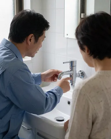 Un plombier en uniforme bleu montre un robinet chromé à un client dans une salle de bain carrelée avec lumière naturelle.