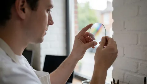 Un horloger examine un verre rond avec un reflet arc-en-ciel près d'une fenêtre, mur en briques blanches, lumière naturelle, atelier de réparation de montres.