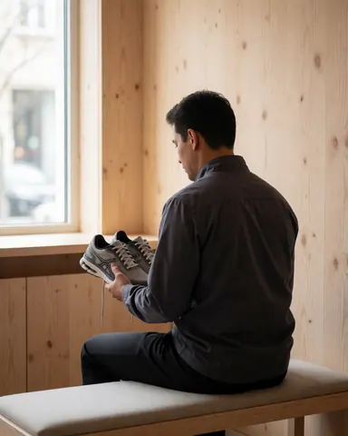Un homme assis sur un banc en bois examine une paire de chaussures de course neuves près d'une fenêtre dans un magasin d'athlétisme.
