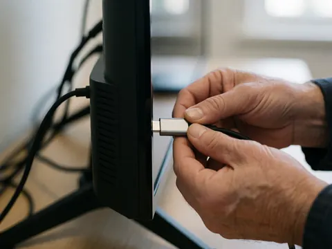 Mains d'un technicien branchant un câble USB-C sur le port latéral d'un téléviseur dans un environnement de réparation.