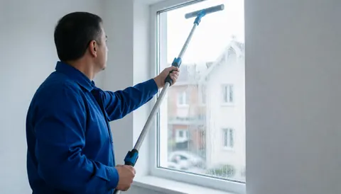 Un homme professionnel en uniforme bleu nettoie une grande vitrine avec une raclette, devant un mur blanc éclairé par une lumière vive.