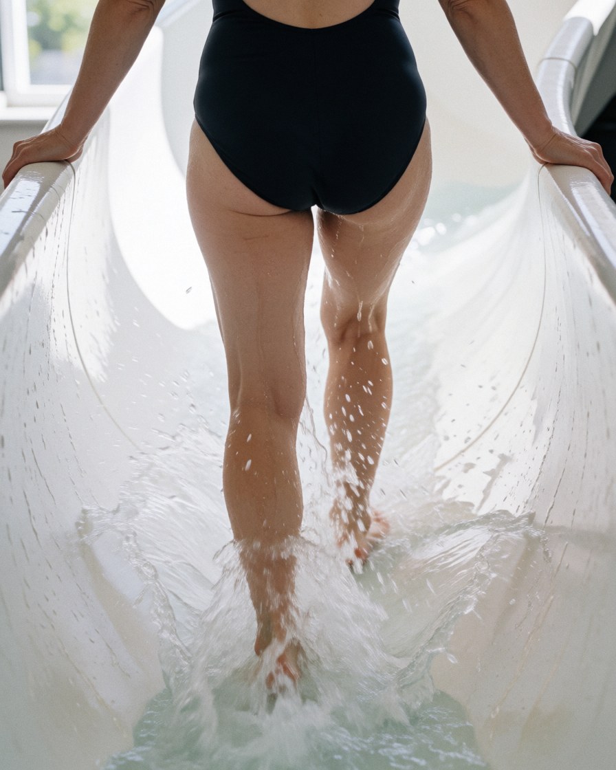 Une personne en maillot de bain sort d'un tube blanc dans un parc aquatique, avec de l'eau qui jaillit sous une lumière naturelle vive.