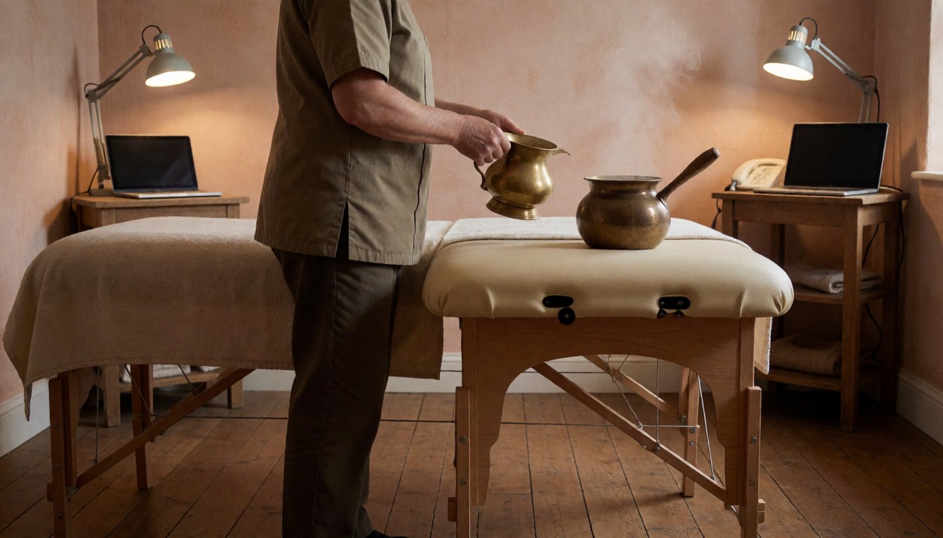 Un praticien effectue un massage ayurvédique à la vapeur en utilisant des ustensiles en bronze sur une table de massage dans une pièce aux murs en terre cuite.