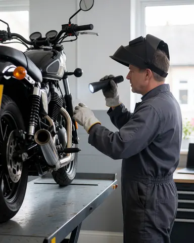 Mécanicien portant un casque de soudage et des gants de protection inspecte une moto à l'aide d'une lampe torche dans un atelier aux murs gris.