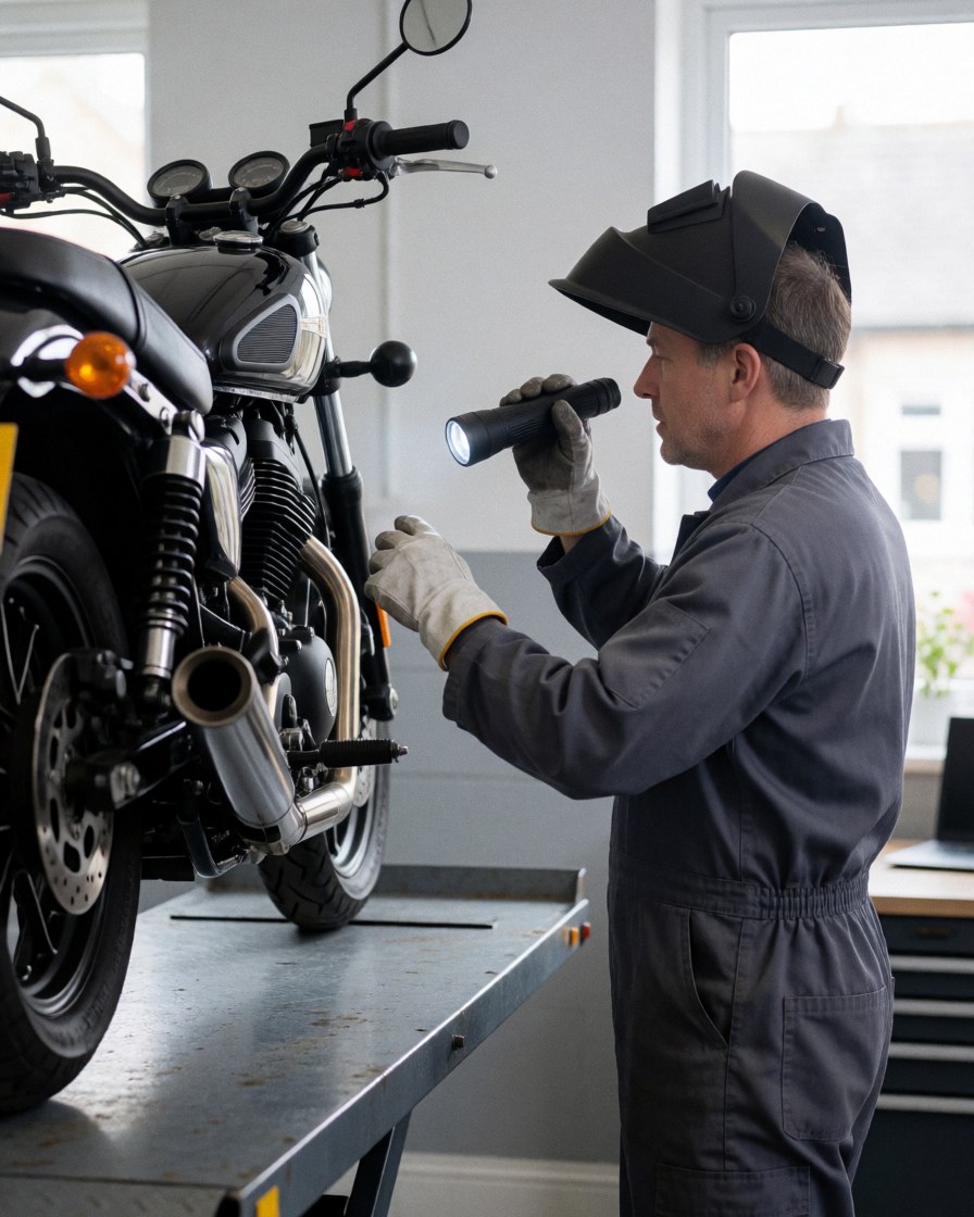 Mécanicien portant un casque de soudage et des gants de protection inspecte une moto à l'aide d'une lampe torche dans un atelier aux murs gris.
